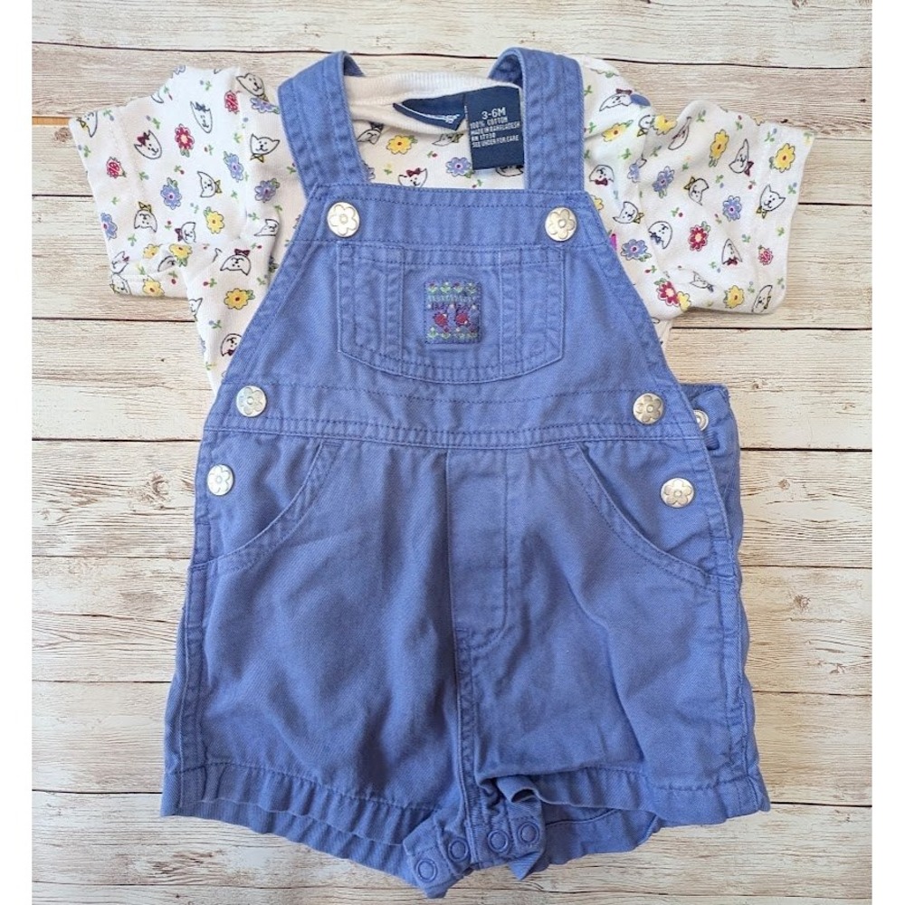 Honors Baby Outfit 3-6M Blue Overalls Set Floral Shirt Adorable Infant